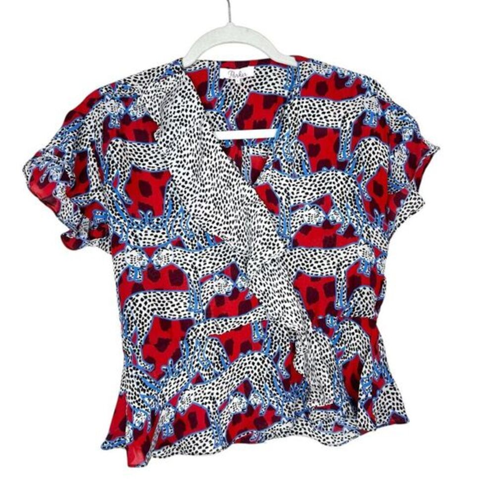 Parker Peplum Top Leopard Silk Small Red White Cheetah Print Ruffle Short Sleeve